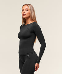 Everyday Seamless Wide Neck Long Sleeve Top - Black