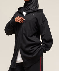 Covered Longline Zip Up Hoodie - Black