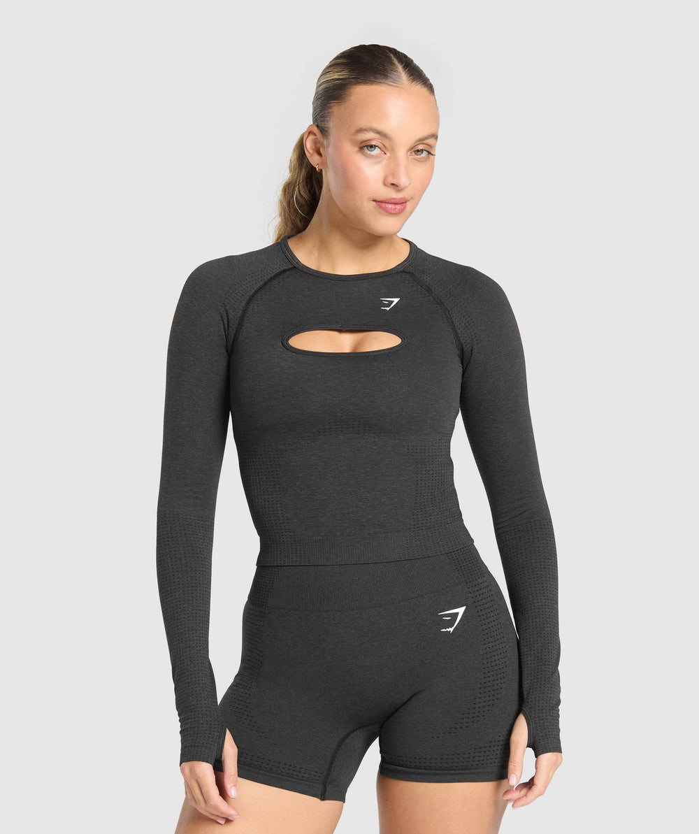 Vital Long Sleeve Cut Out Top - Black Marl
