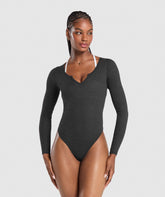 Ribbed Cotton Long Sleeve Bodysuit - Black Marl