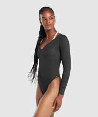 Ribbed Cotton Long Sleeve Bodysuit - Black Marl