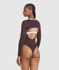 Ribbed Cotton Long Sleeve Bodysuit - Brown Marl