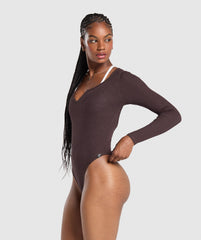 Ribbed Cotton Long Sleeve Bodysuit - Brown Marl
