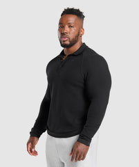 Long Sleeve Waffle Polo Shirt - Black
