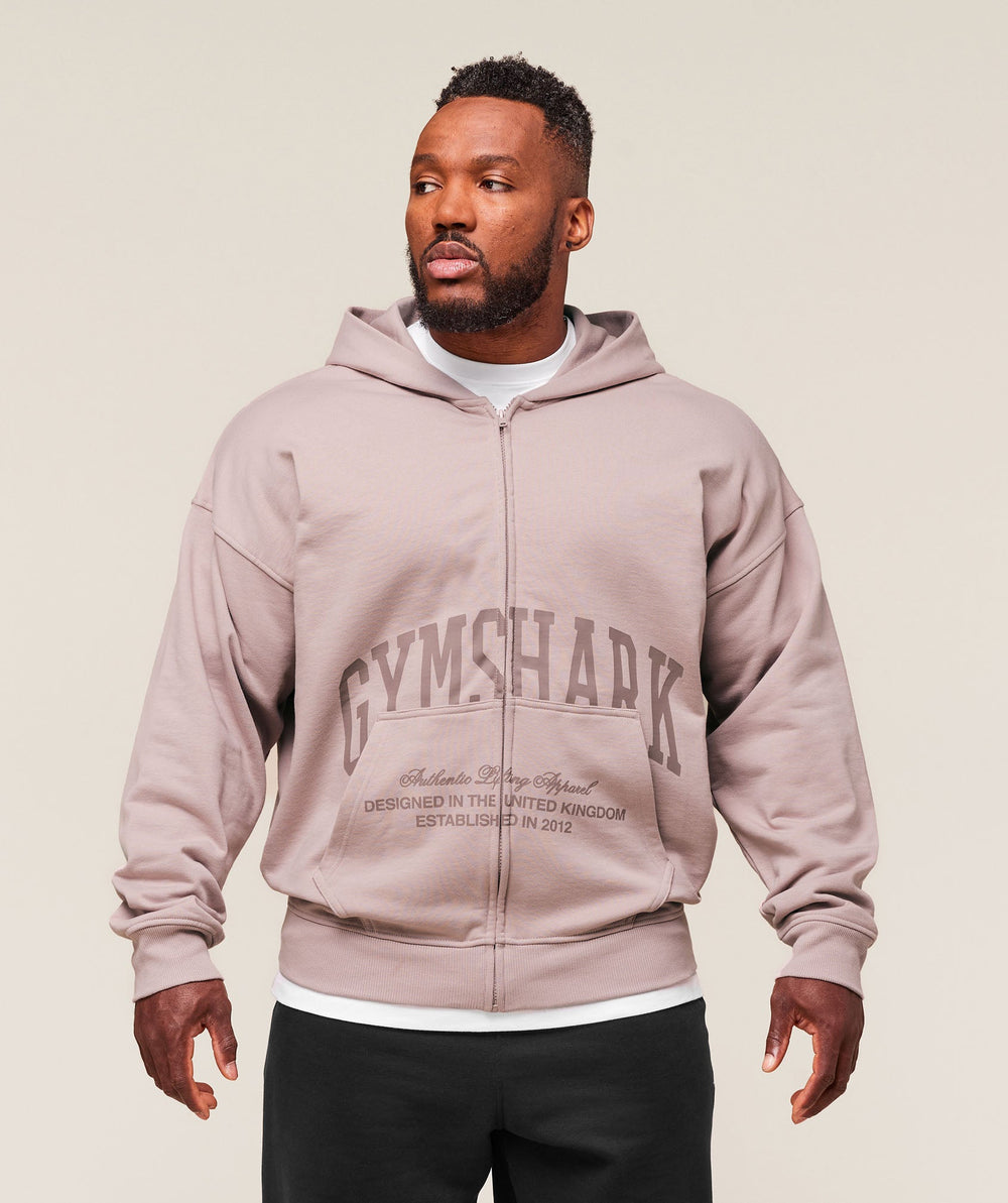 Collegiate Script Zip Up Hoodie - Muted Pink