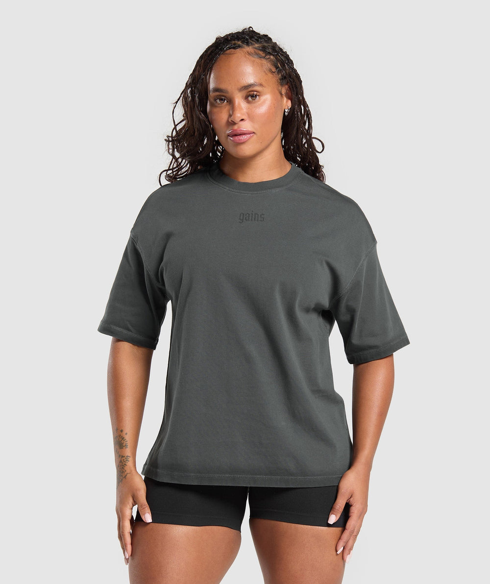 Gains Washed Heavyweight Cotton T-Shirt - Asphalt Grey/Black
