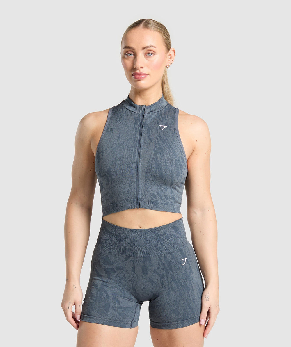 Adapt Camo Seamless Zip Up Crop Top - Titanium Blue/Denim Grey