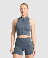 Adapt Camo Seamless Zip Up Crop Top - Titanium Blue/Denim Grey