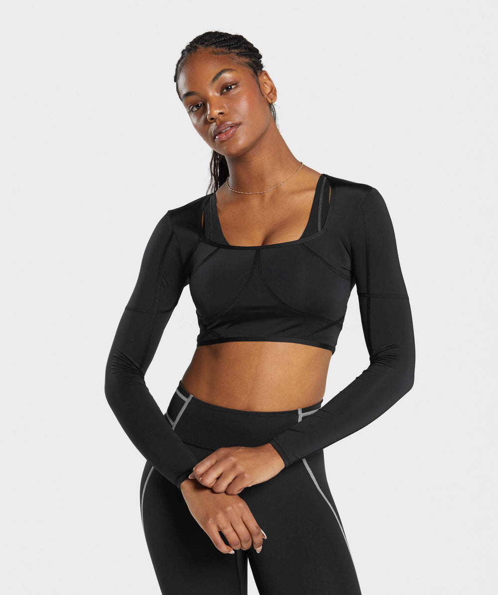Stitch Feature Long Sleeve Crop Top - Black/Stock Black Marl