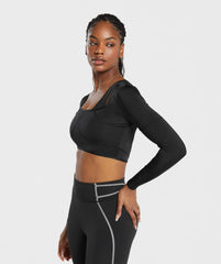 Stitch Feature Long Sleeve Crop Top - Black/Stock Black Marl