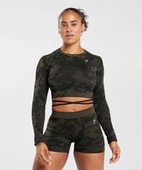 Adapt Camo Seamless Ribbed Long Sleeve Crop Top - Black/Camo Brown