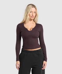 Rib Long Sleeve Top - Brown Marl