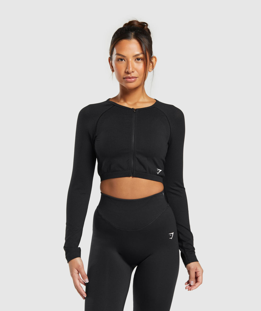 Sweat Seamless Long Sleeve Zip Crop Top - Black