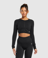 Sweat Seamless Long Sleeve Zip Crop Top - Black