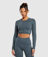 Sweat Seamless Long Sleeve Zip Crop Top - Titanium Blue
