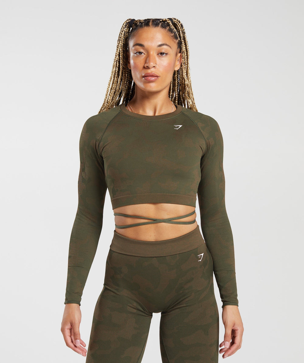 Adapt Camo Seamless Ribbed Long Sleeve Crop Top - Winter Olive/Soul Brown