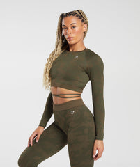 Adapt Camo Seamless Ribbed Long Sleeve Crop Top - Winter Olive/Soul Brown