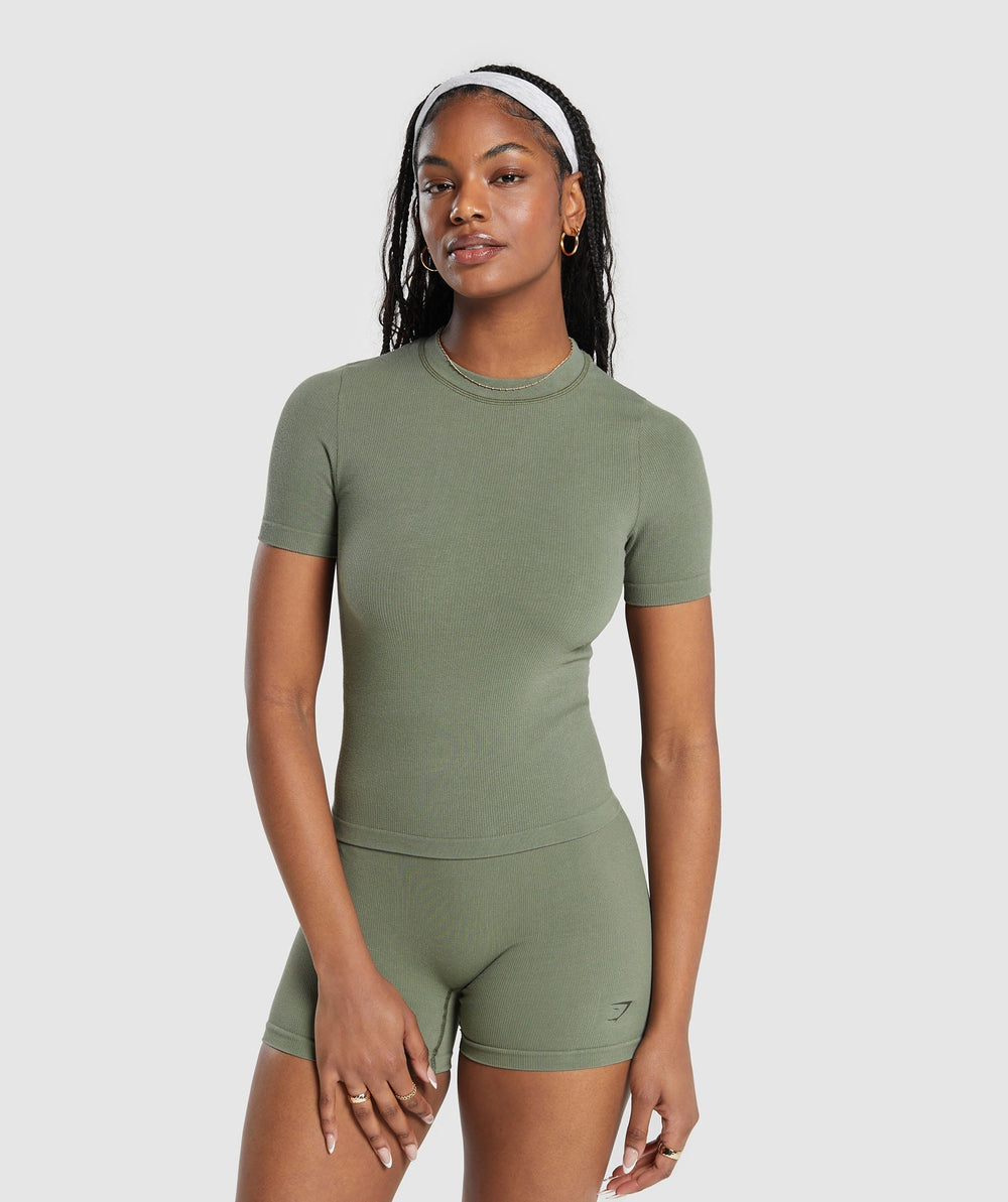 Ribbed Cotton Seamless T-Shirt - Base Green