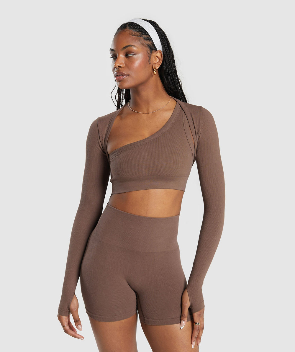 Ribbed Cotton Seamless Shrug - Soft Brown