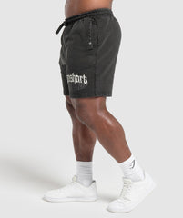 Distressed Graphic 7" Shorts - Black Acid Wash