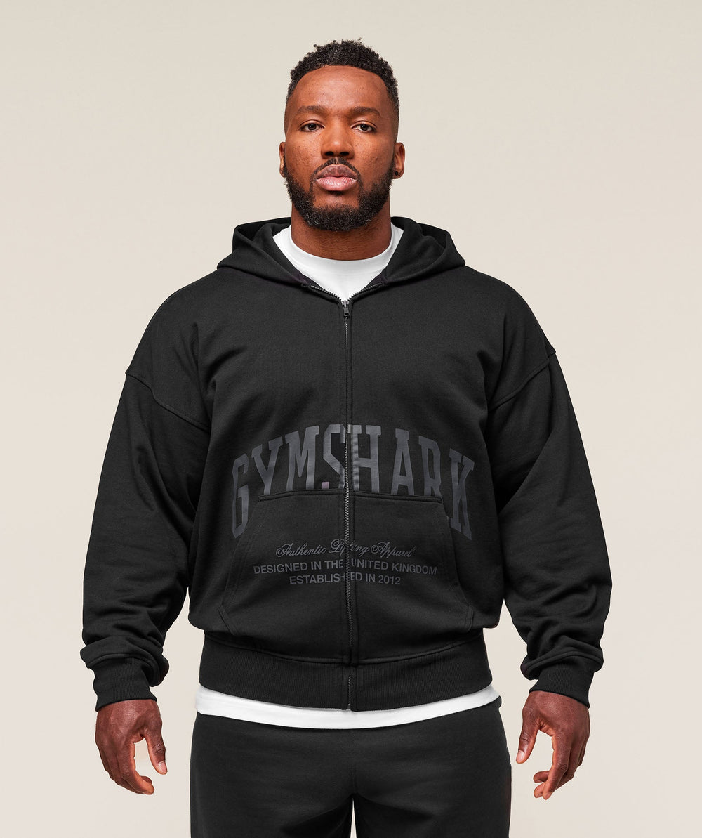Collegiate Script Zip Up Hoodie - Black