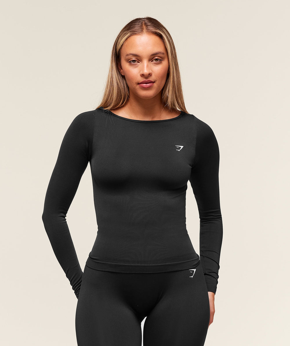 Everyday Seamless Wide Neck Long Sleeve Top - Black
