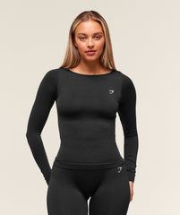 Everyday Seamless Wide Neck Long Sleeve Top - Black