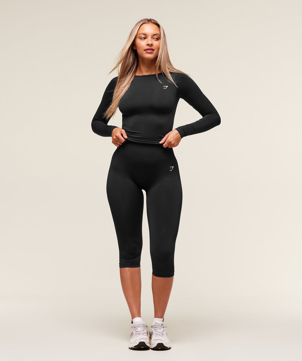 Everyday Seamless Wide Neck Long Sleeve Top - Black
