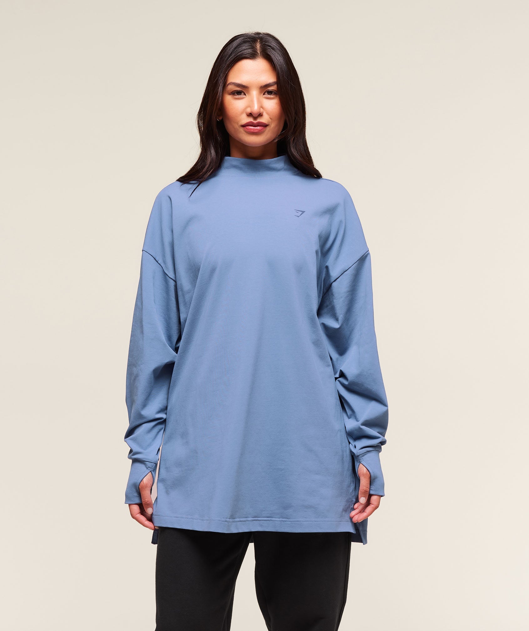 Covered Longline Cotton Long Sleeve Top - Worn Blue