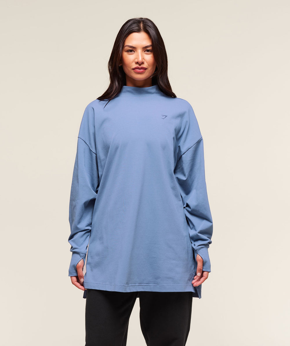 Covered Longline Cotton Long Sleeve Top - Worn Blue