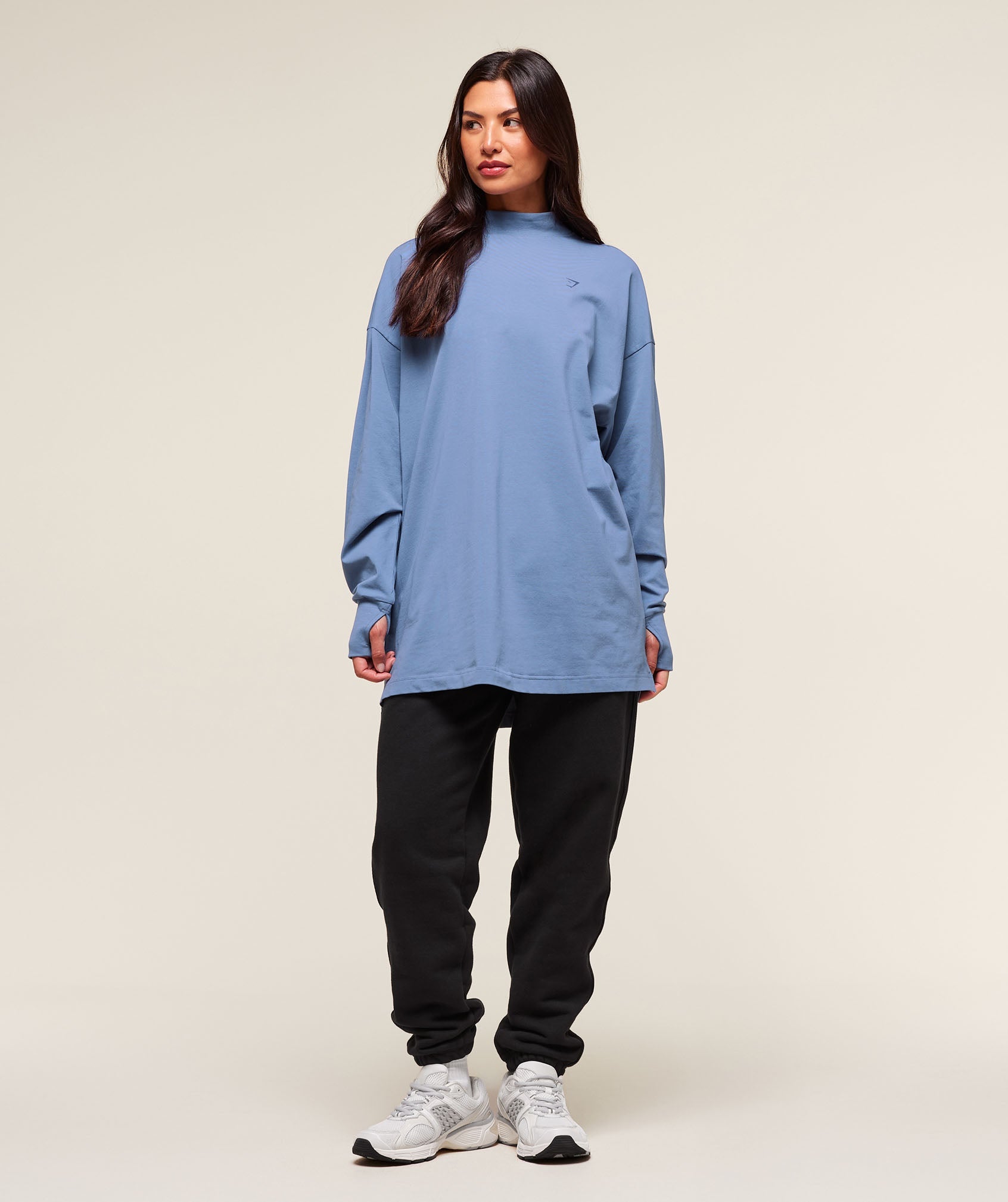 Covered Longline Cotton Long Sleeve Top - Worn Blue