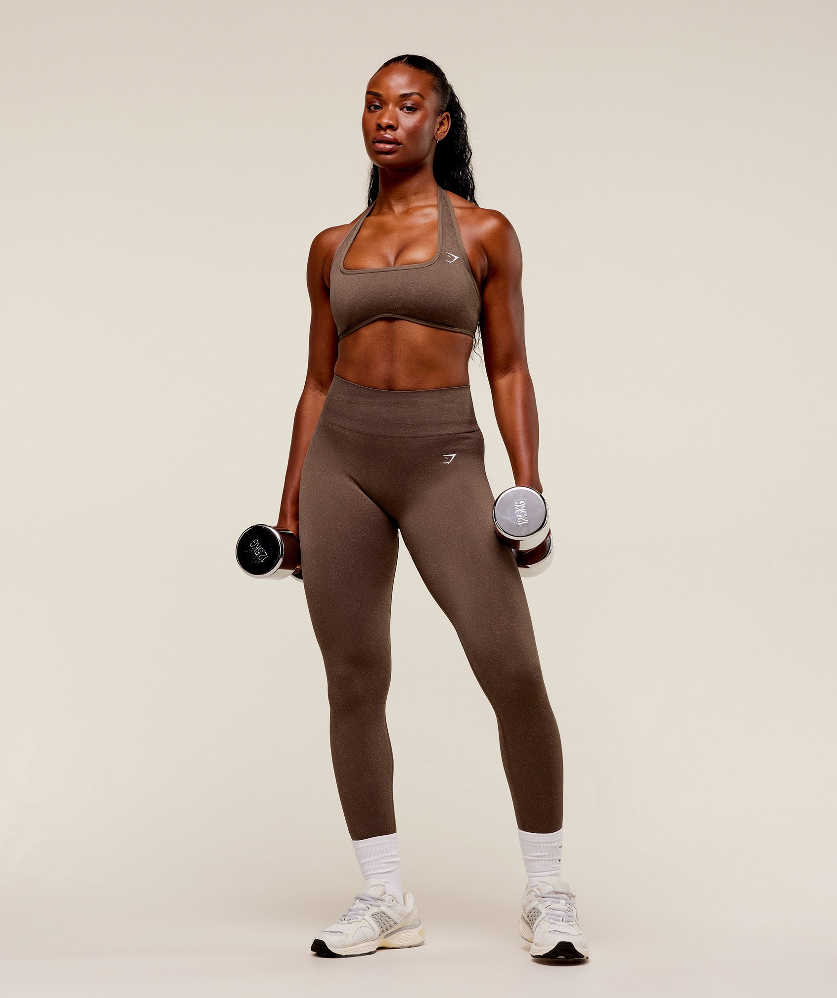 Adapt Fleck x Whitney Halterneck Sports Bra - Soft Brown/Chestnut Pink