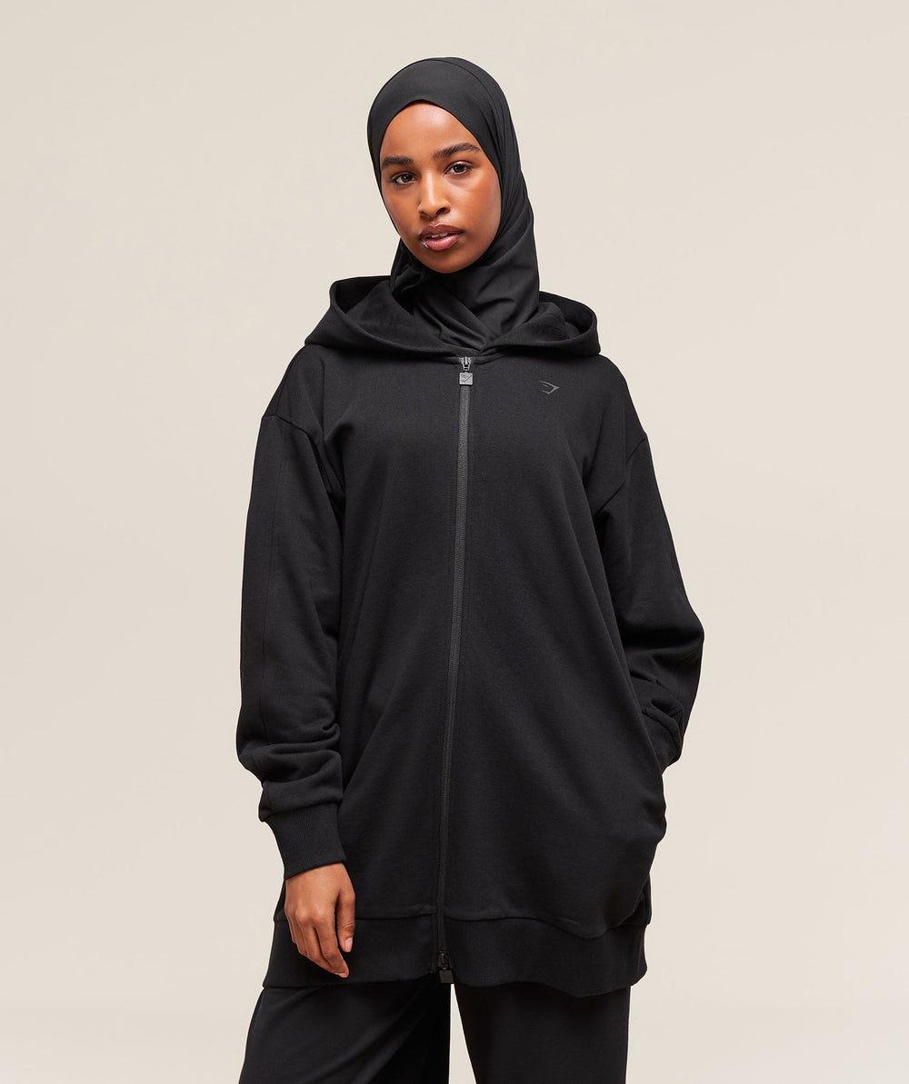 Covered Longline Zip Up Hoodie - Black