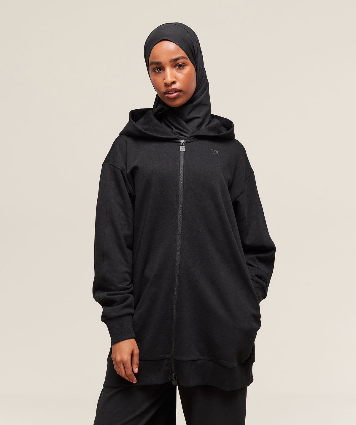 Covered Longline Zip Up Hoodie - Black