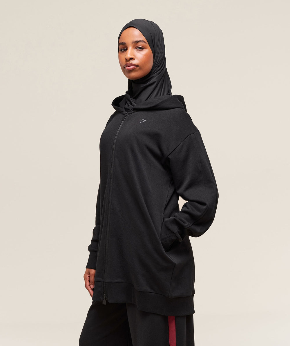Covered Longline Zip Up Hoodie - Black