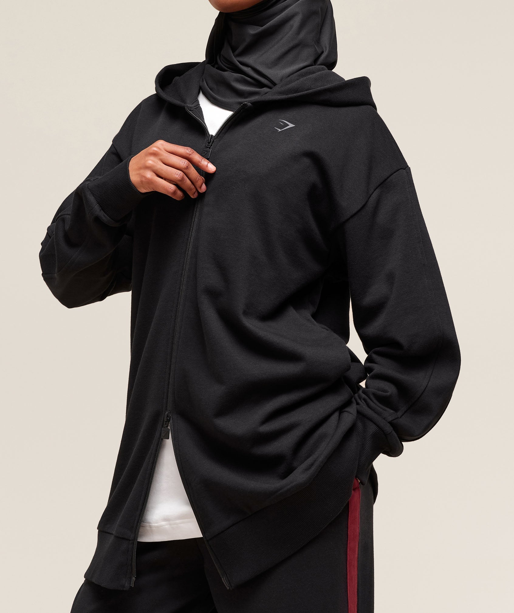 Covered Longline Zip Up Hoodie - Black