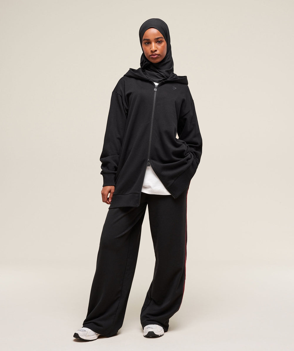 Covered Longline Zip Up Hoodie - Black