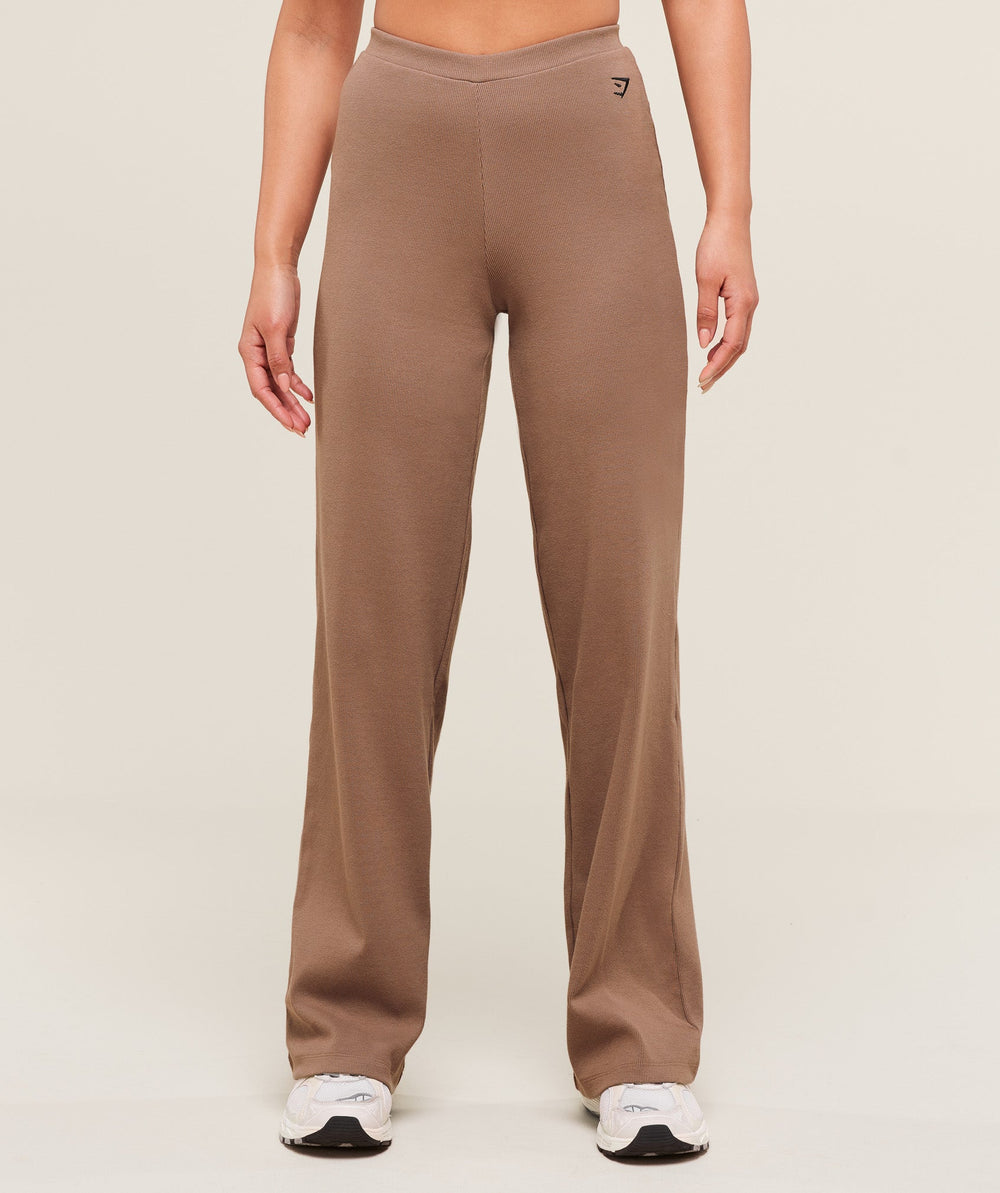 Ribbed Cotton Straight Leg Pants - Mocha Mauve/Black
