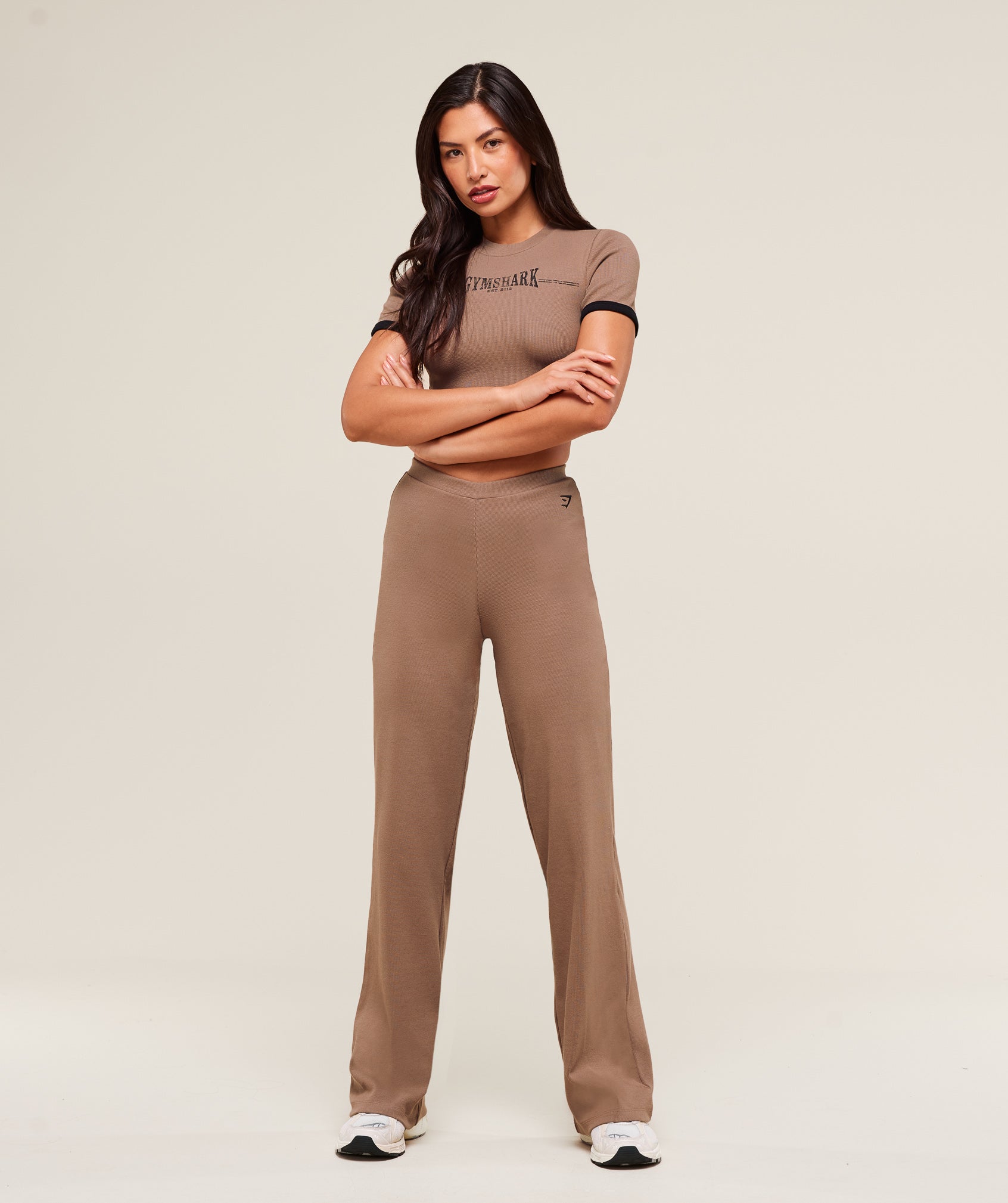 Ribbed Cotton Straight Leg Pants - Mocha Mauve/Black