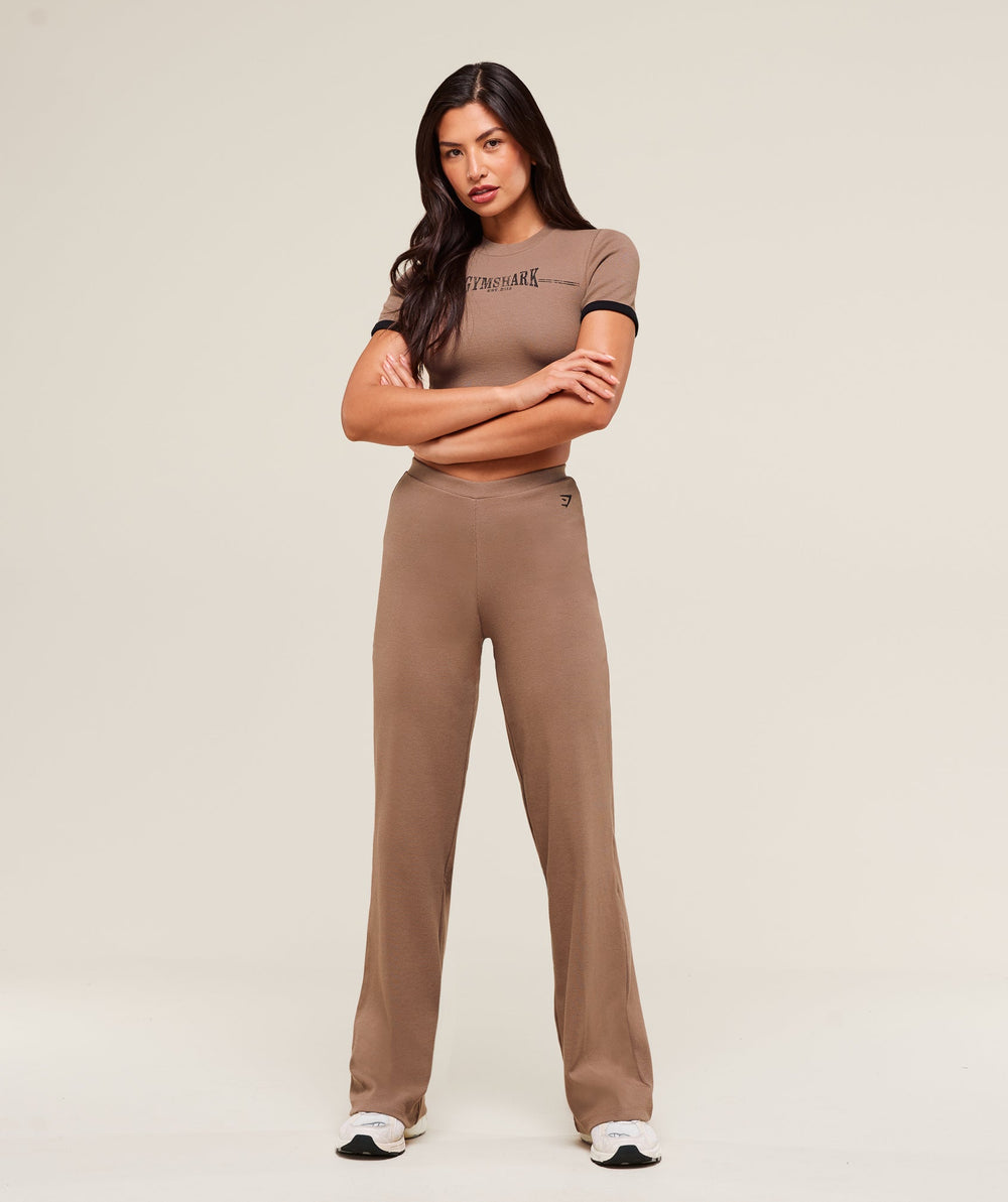 Ribbed Cotton Straight Leg Pants - Mocha Mauve/Black