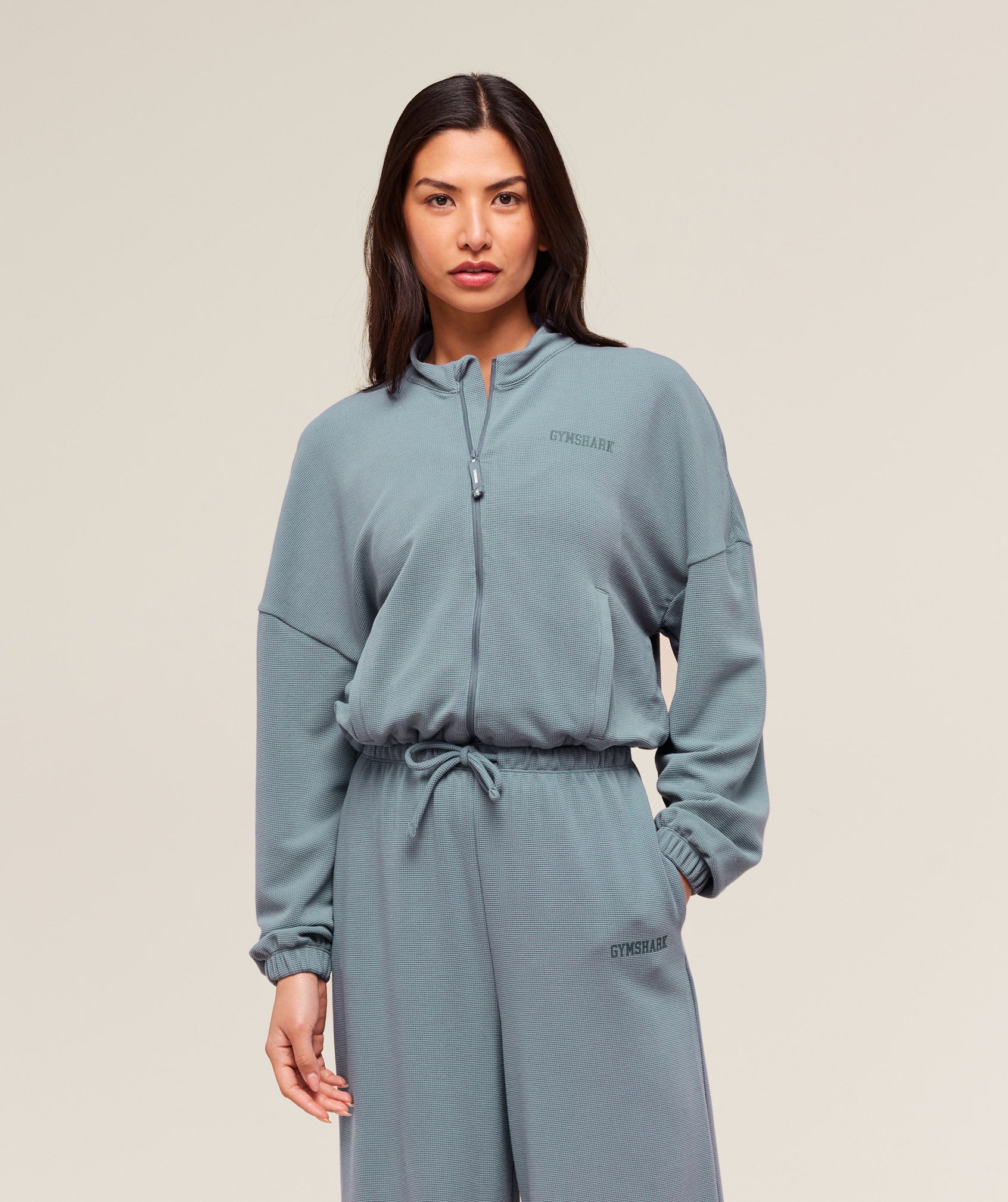 Waffle Midi Zip Up Jacket - Iron Blue
