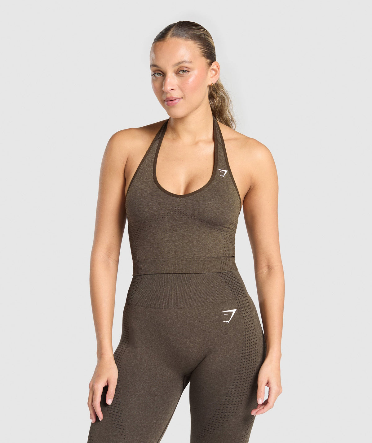 Vital Halter Neck Tank With Shelf - Penny Brown Marl