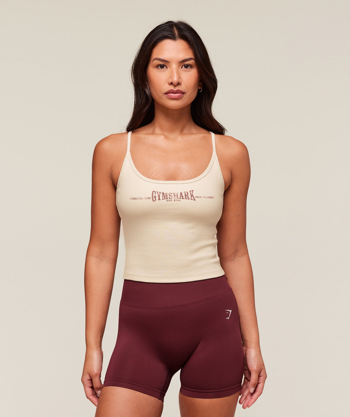 Ribbed Cotton Midi Shelf Tank - Oat White/Burgundy Brown