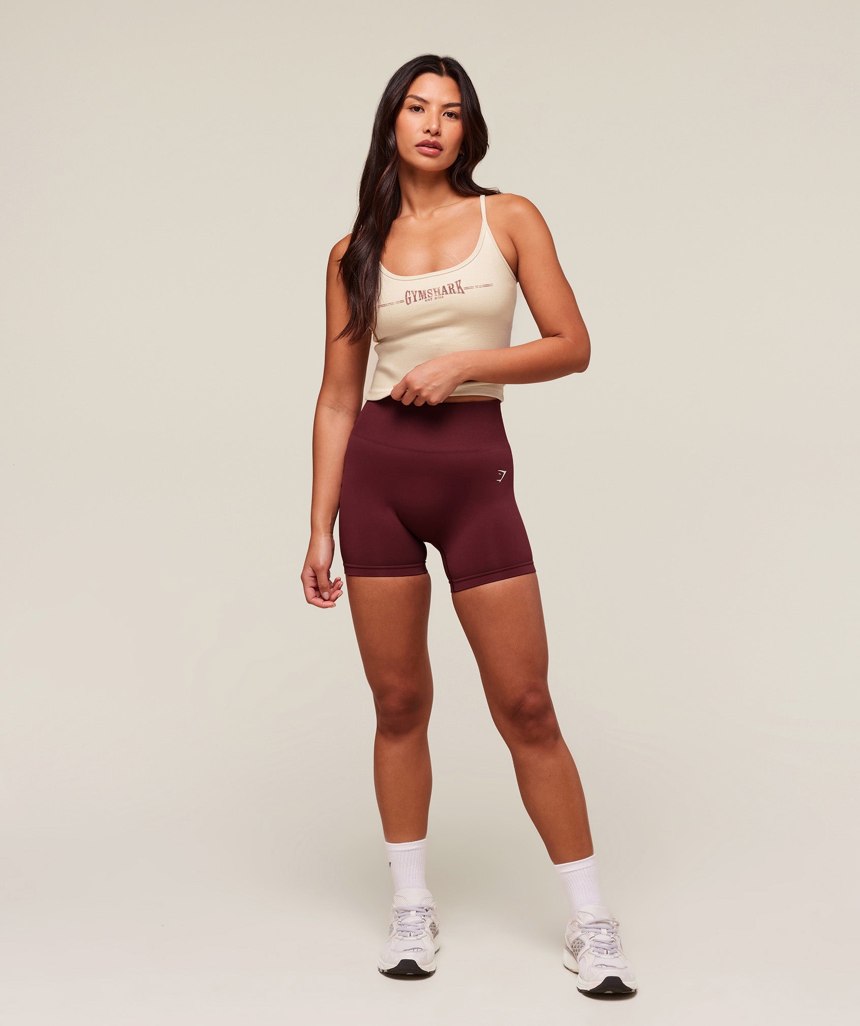 Ribbed Cotton Midi Shelf Tank - Oat White/Burgundy Brown