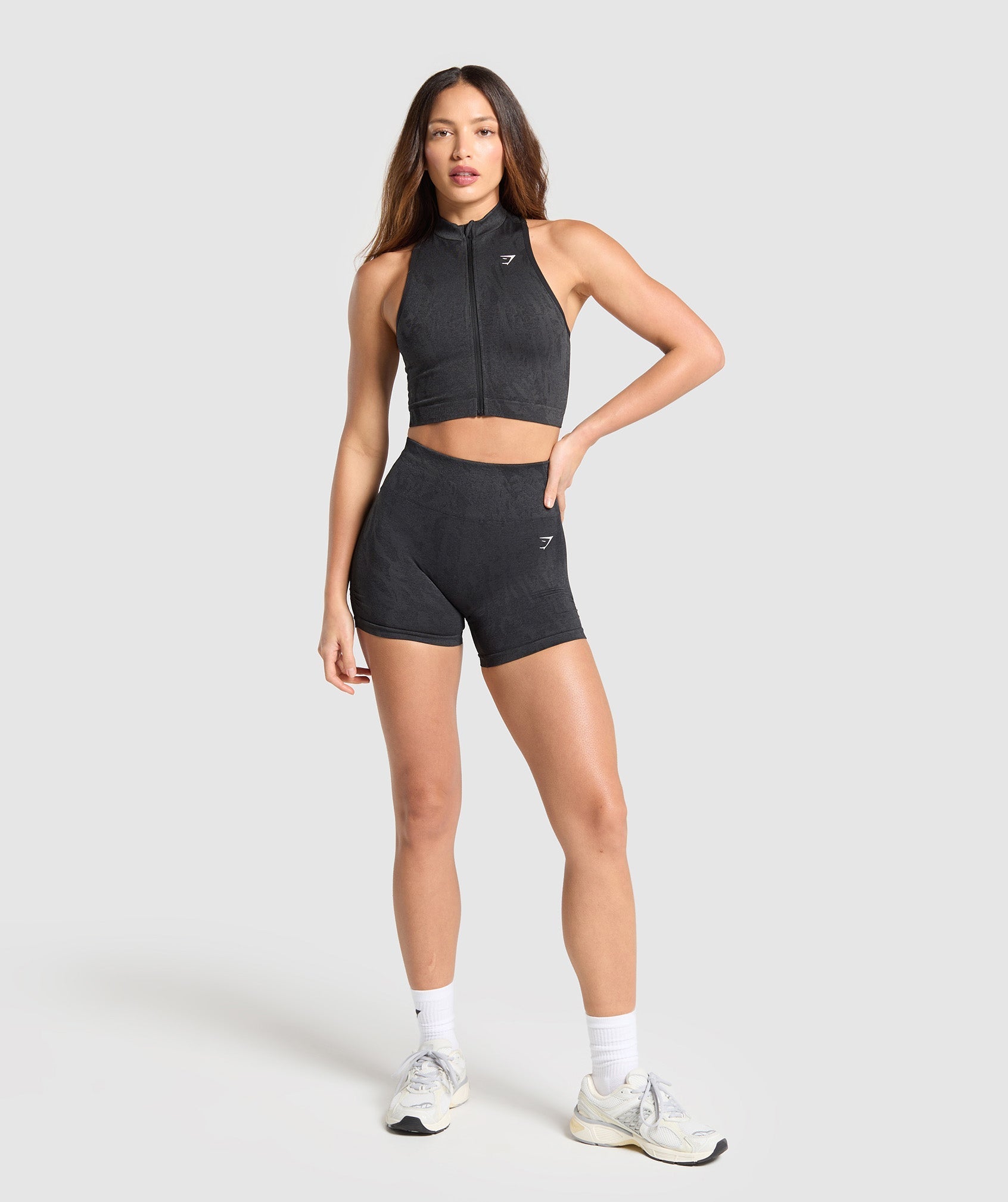 Adapt Camo Seamless Zip Up Crop Top - Asphalt Grey/Black