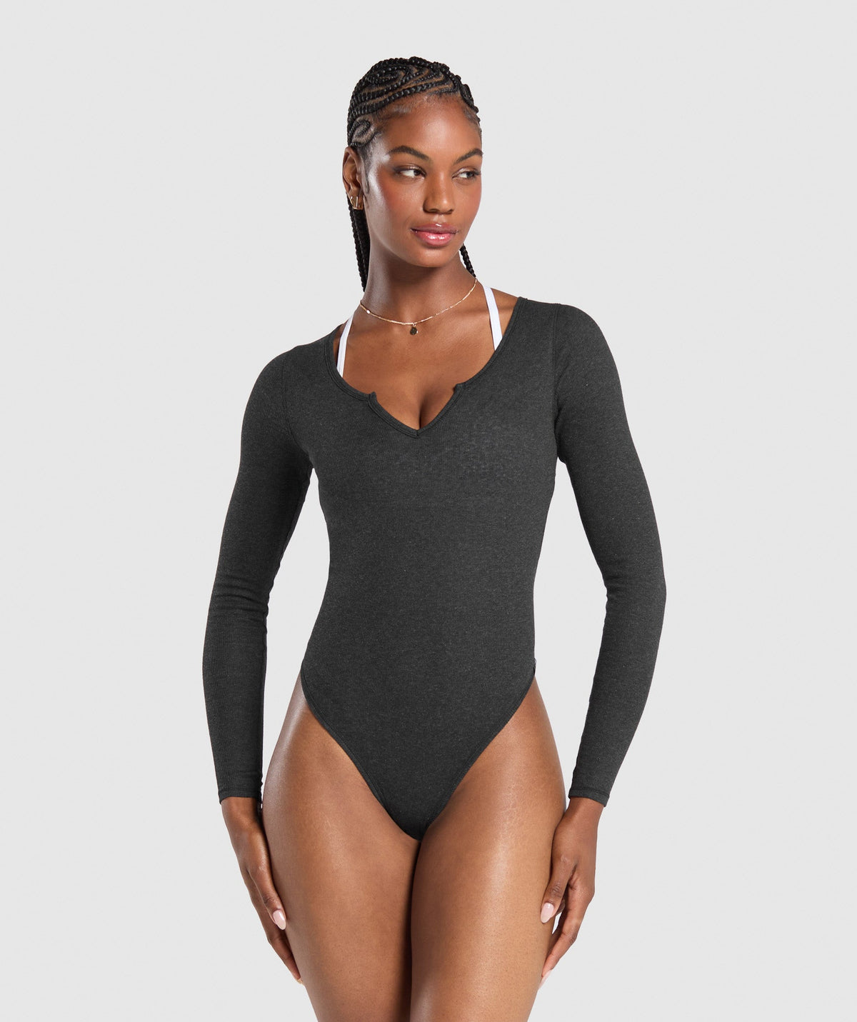 Ribbed Cotton Long Sleeve Bodysuit - Black Marl