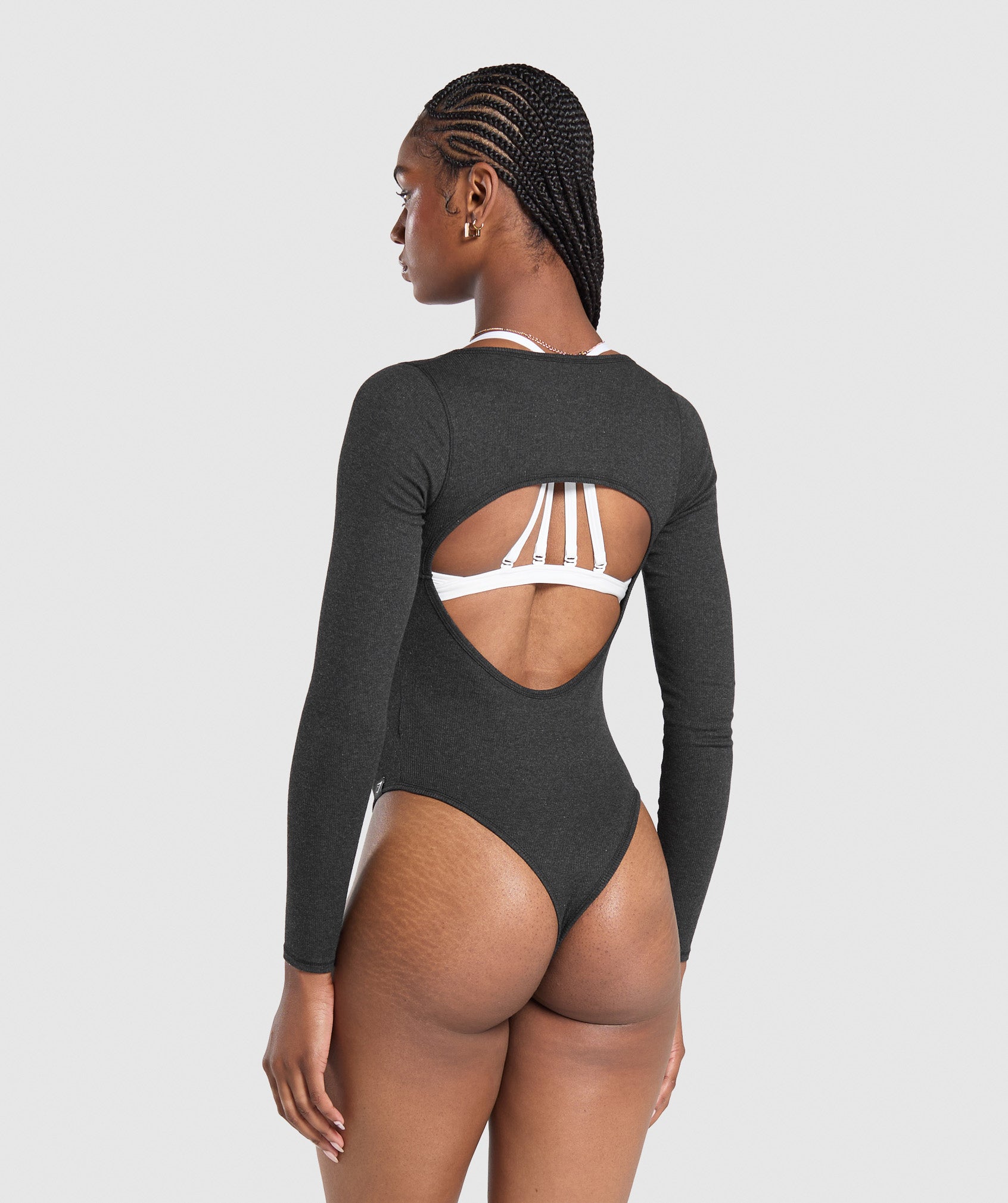 Ribbed Cotton Long Sleeve Bodysuit - Black Marl