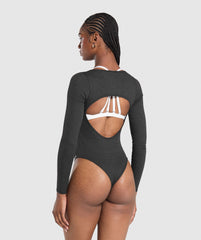 Ribbed Cotton Long Sleeve Bodysuit - Black Marl