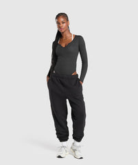 Ribbed Cotton Long Sleeve Bodysuit - Black Marl