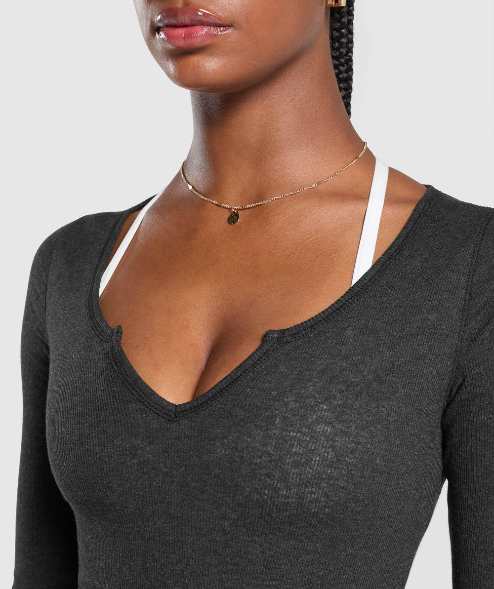 Ribbed Cotton Long Sleeve Bodysuit - Black Marl